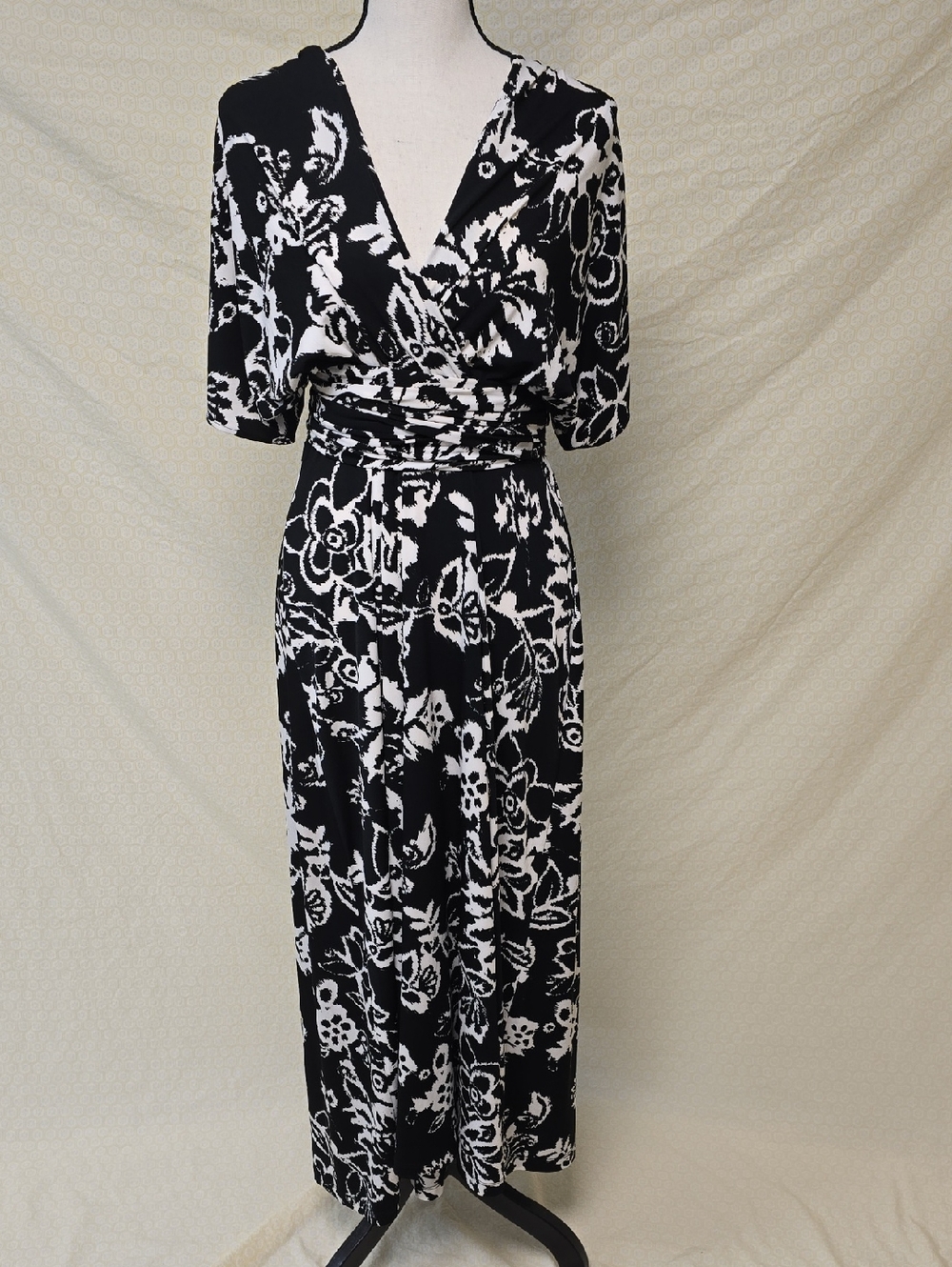 TravelSmith Black and White Floral Wrap-Style Maxi Dress